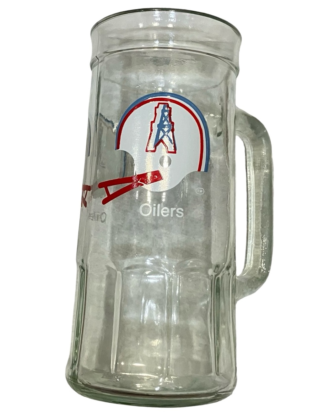 Houston Oilers Glass Beer Stein - Clear with Red & Blue Logo VTG fisher